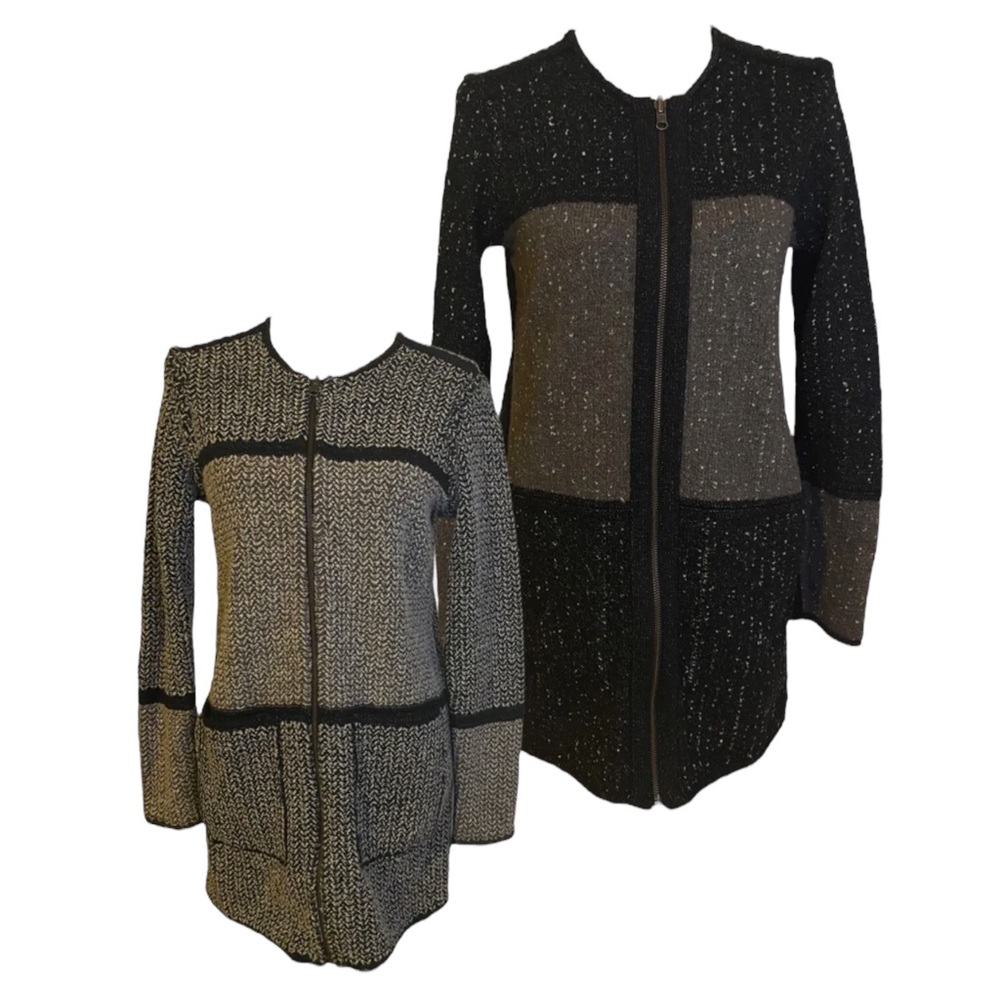 Nic + Zoe Medium Cardigan Knit Sweater Full Zip Reversible Black Gray Tunic Long
